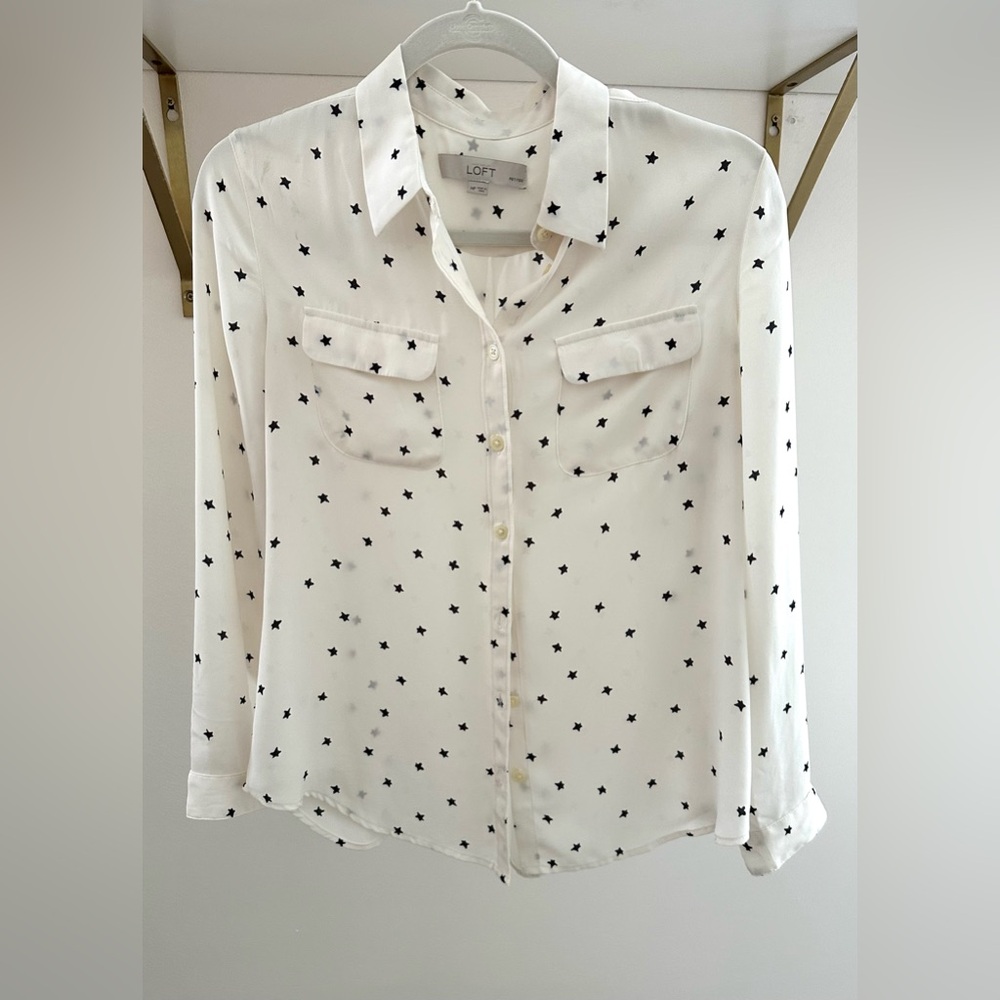 LOFT Cream with Navy Stars Button Down Shirt